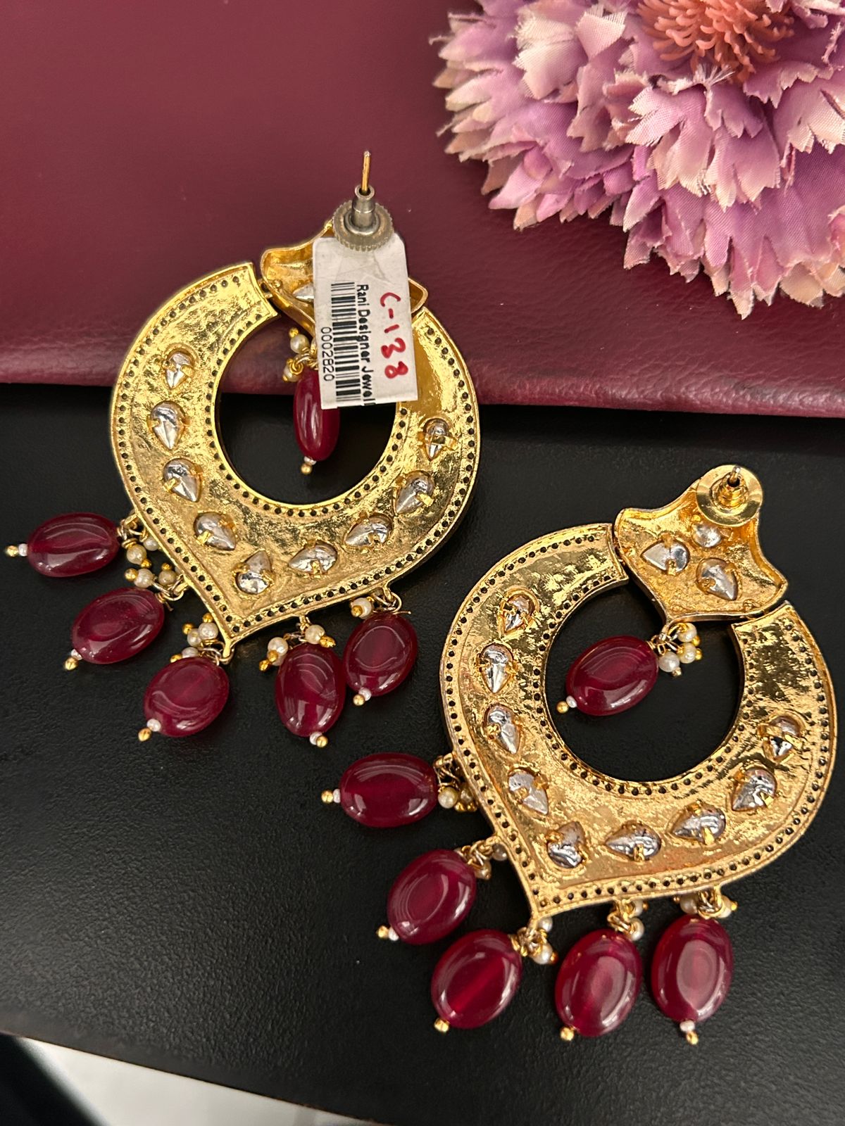 Red Meenakari Kundan Chandbali Earrings